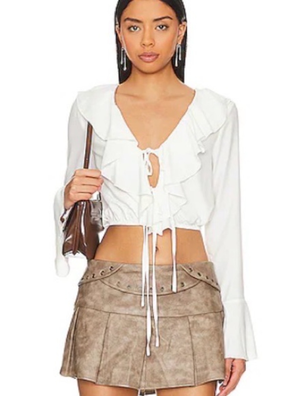 White Ruffle Tie-Front Crop Top - More to Come Revolve